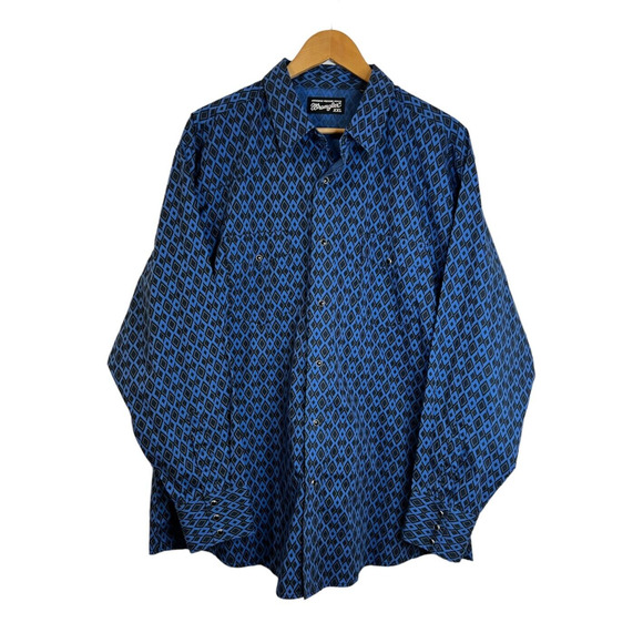 Wrangler Authentic Western Shirt Men's Size XXL Blue Black Pearl Snap Geometric - Picture 1 of 7